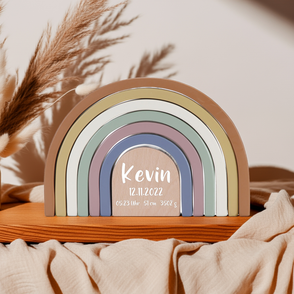 Stapelturm Regenbogen Vintage – Personalisiertes Geschenk zur Geburt