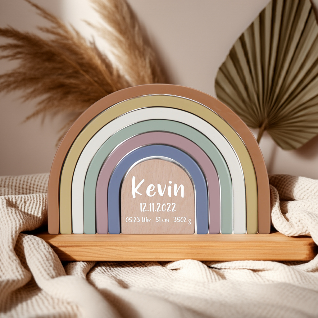 Stapelturm Regenbogen Vintage – Personalisiertes Geschenk zur Geburt