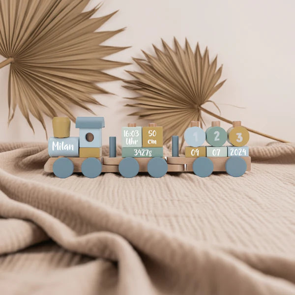 Personalisiertes Geschenk-Set Holz-Zug - Stapelturm - Regenbogen - Geschenk zur Geburt