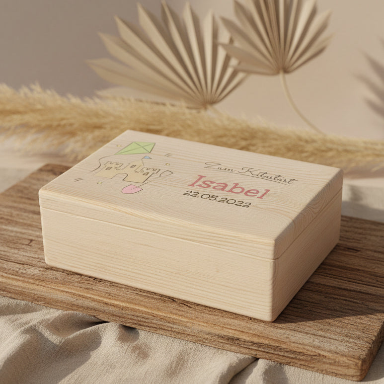 Boîte à souvenirs - Bois naturel - Personnalisée pour l'entrée en crèche | Schmatzepuffer
