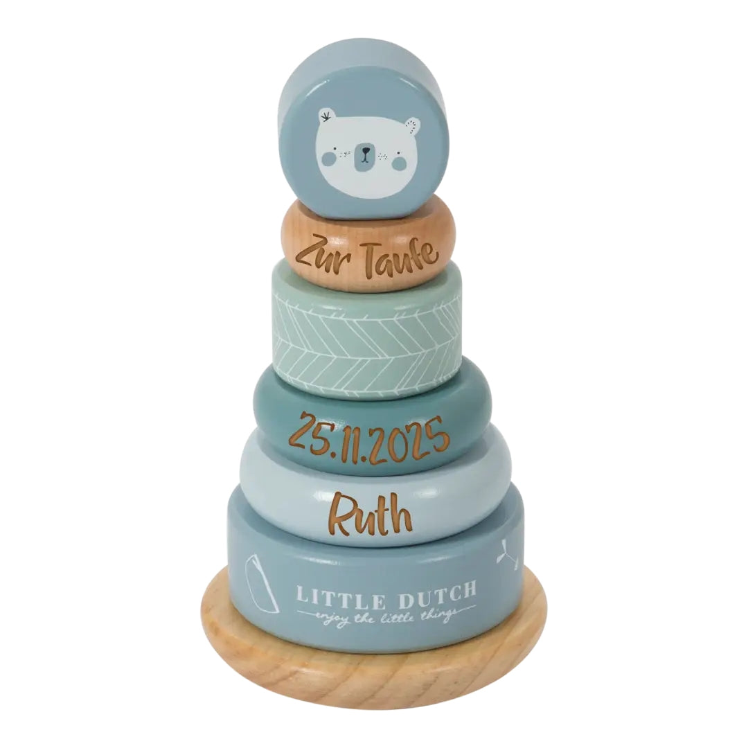 Personalisierter Stapelturm Adventure Blau – Geschenk zur Taufe | Schmatzepuffer
