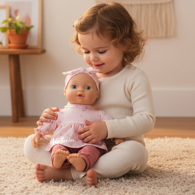 Personalisierte Babypuppe Lily mit Name auf der Kleidung – weiche Puppe mit Zubehör
