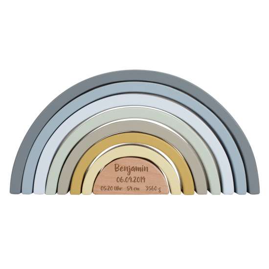 Stapelturm Regenbogen Blau personalisiert - Geschenk zur Geburt