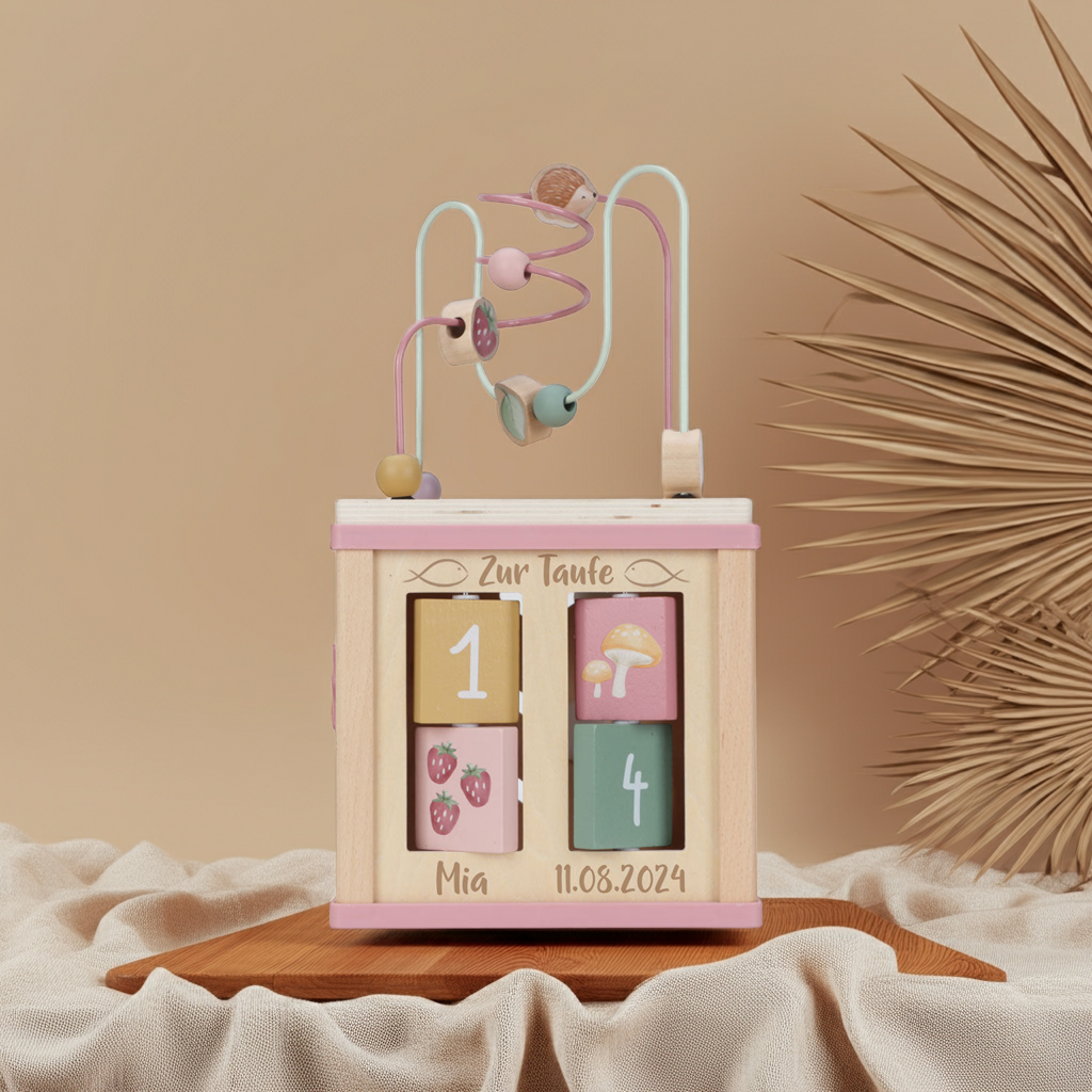 Motorikwürfel Fairy Garden aus Holz – Geschenk zur Taufe | Schmatzepuffer