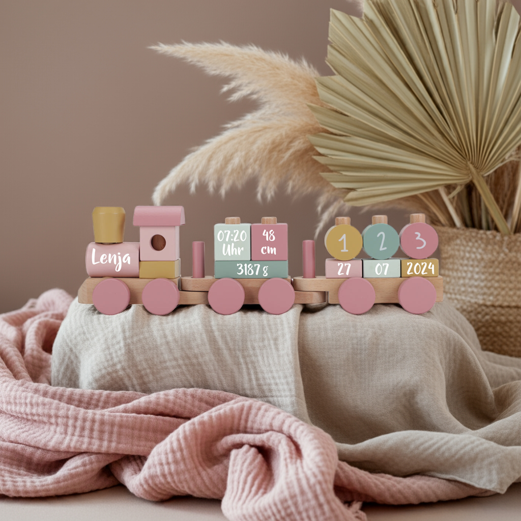 Train en bois personnalisé Jardin enchanté – Cadeau de naissance