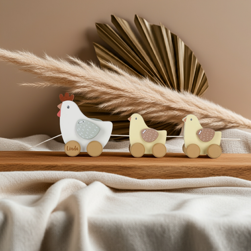Personalized Pull-Along Chicken Toy Made of Wood with Name | Gift for Children