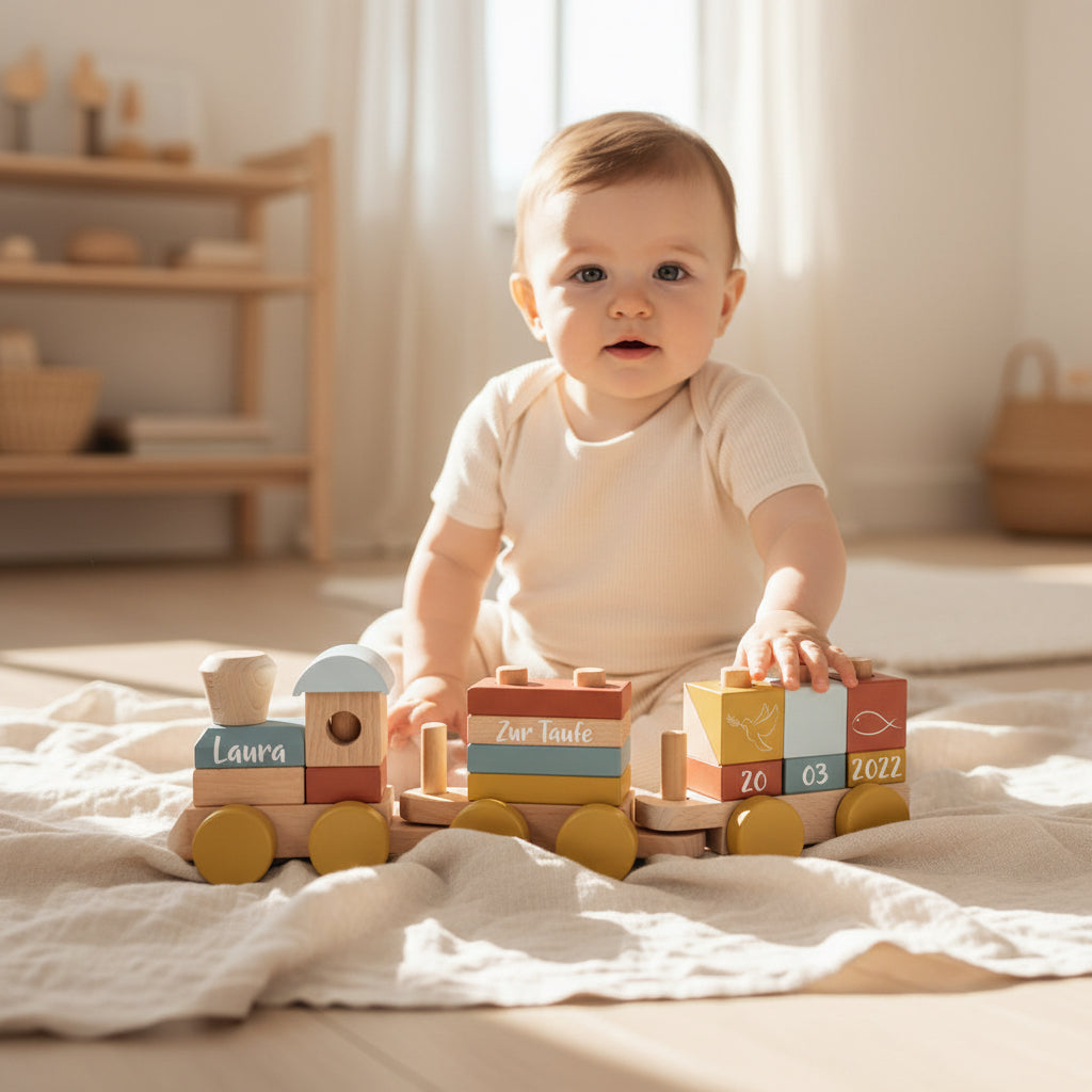 Baby mit personalisiertem Holzzug zur Taufe mit Name und Taufdatum im Kinderzimmer