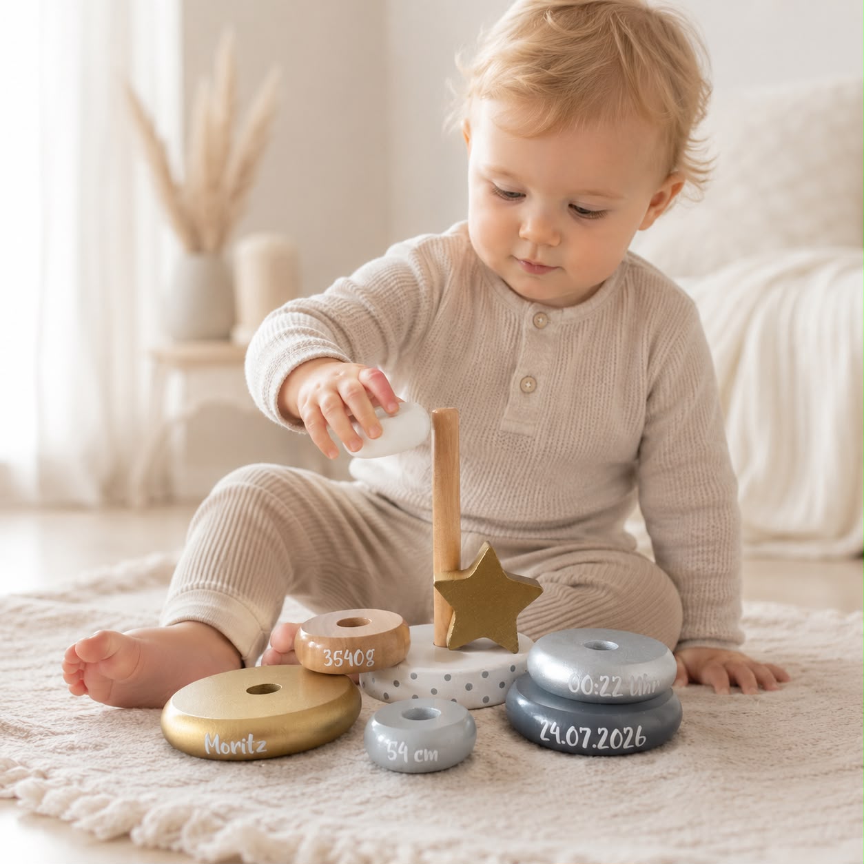 Baby spielt mit einem personalisierten Holz-Stapelturm mit Geburtsdaten. Liebevolles Erinnerungs- und Babygeschenk zur Geburt in heller skandinavischer Lifestyle-Fotografie.