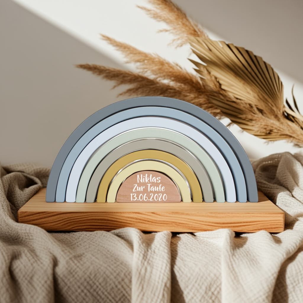 Personalized Rainbow Stacking Tower Blue for Christening – Wooden Gift | Schmatzepuffer