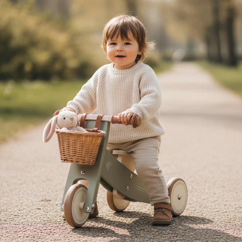 Kind fährt Holz-Laufrad mit Korb und Kuscheltier draußen im Frühling – hochwertiges Laufrad für erste Fahrversuche im Outdoor-Bereich
