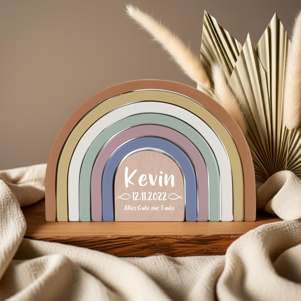 Personalisierter Stapelturm Regenbogen Vintage zur Taufe – Holz bedruckt | Schmatzepuffer
