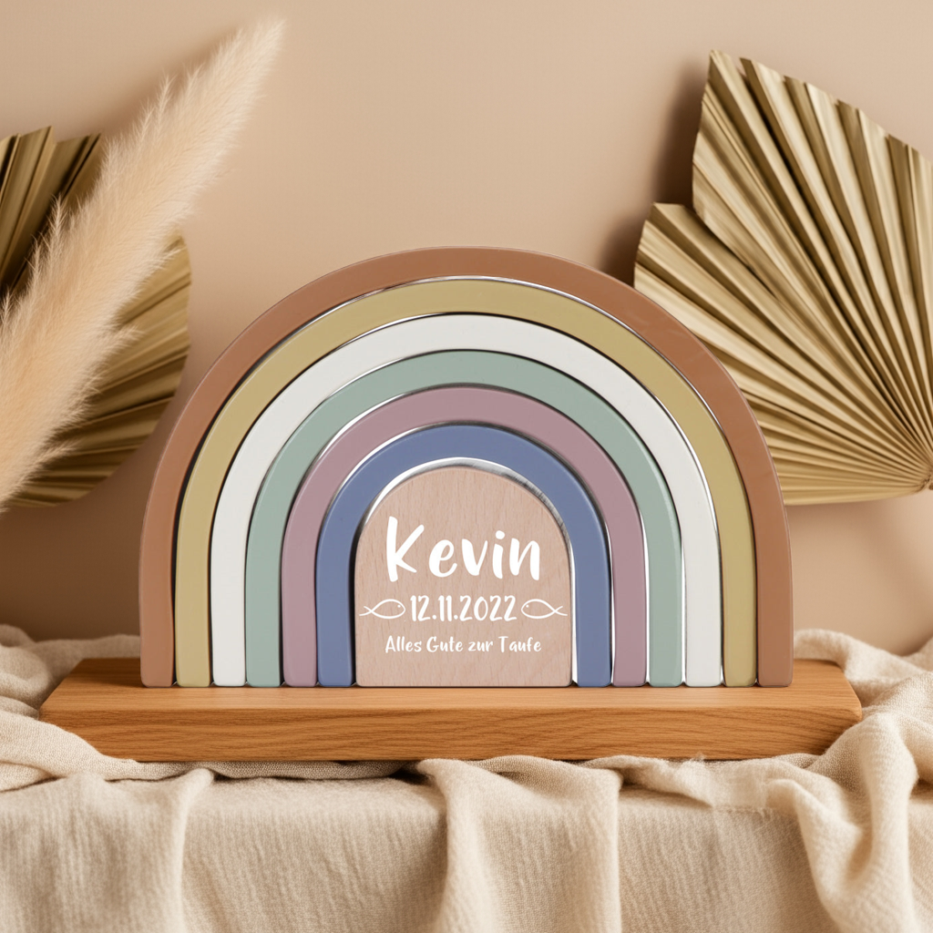 Personalisierter Stapelturm Regenbogen Vintage zur Taufe – Holz bedruckt | Schmatzepuffer