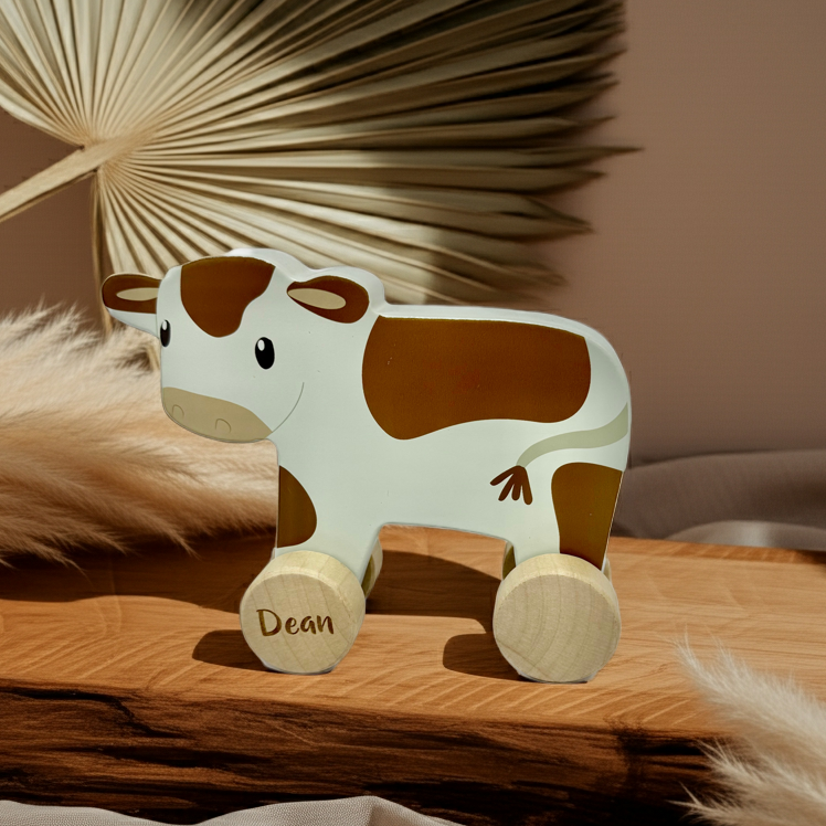 Personalisiertes Holzspielzeug als Babygeschenk – kleine Holzkuh auf Rollen mit eingraviertem Namen auf naturfarbener Stoffkulisse

