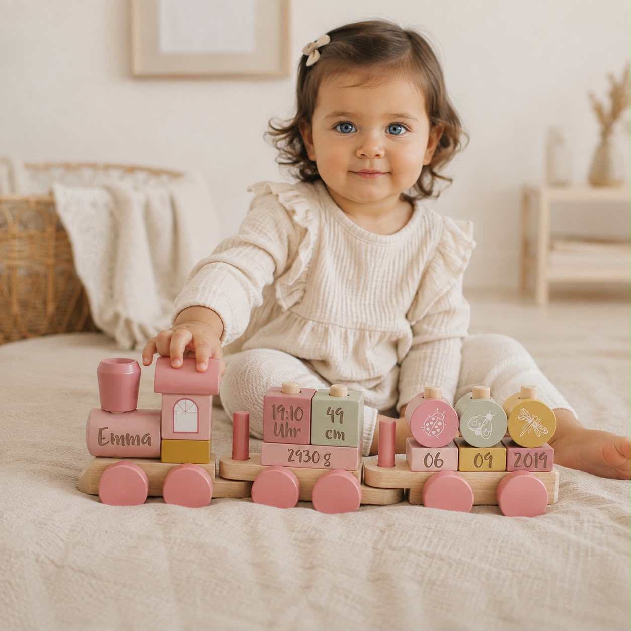 Kind mit rosa personalisiertem Holzzug – Holzspielzeug mit Name und Geburtsdaten als Erinnerungsstück zur Geburt