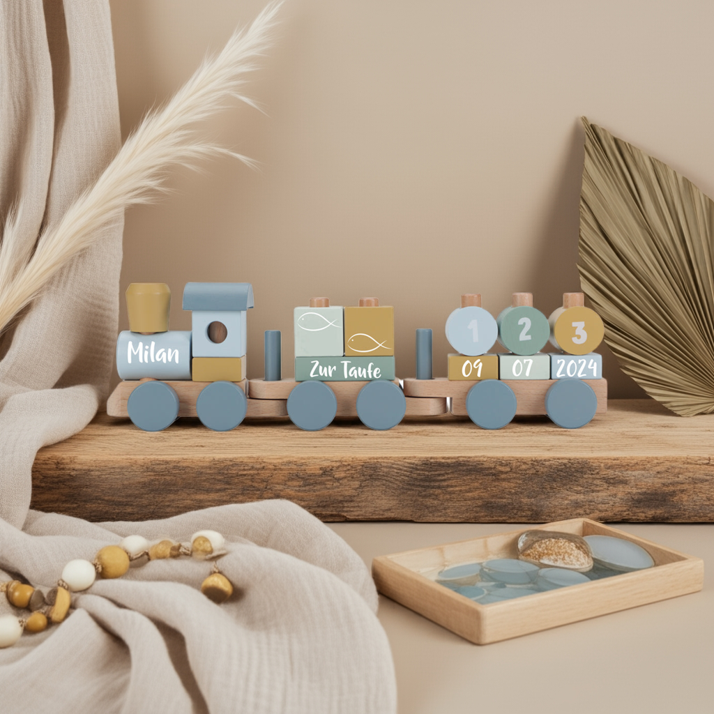 Personalisierter Holz-Zug Forest Friends - Geschenk zur Taufe