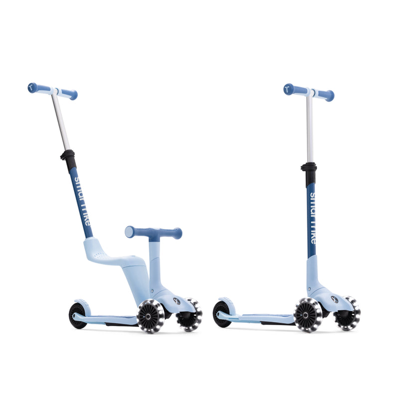 Kinder Scooter mit Sitz in Blau, umbaubar vom Rutschfahrzeug zum Scooter mit Schiebestange für Kleinkinder und Kinder
