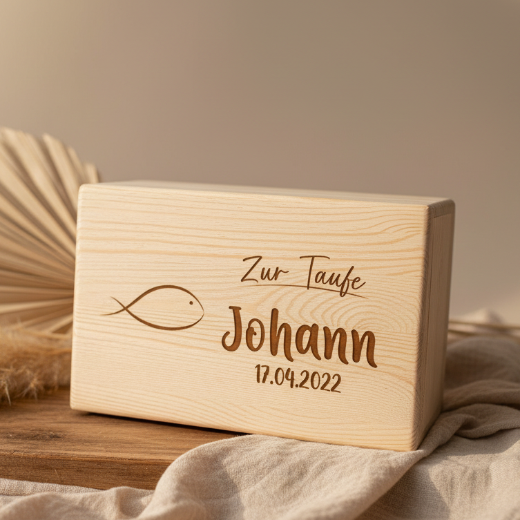 Personalisierte Erinnerungsbox Naturholz – Geschenk zur Taufe | Schmatzepuffer