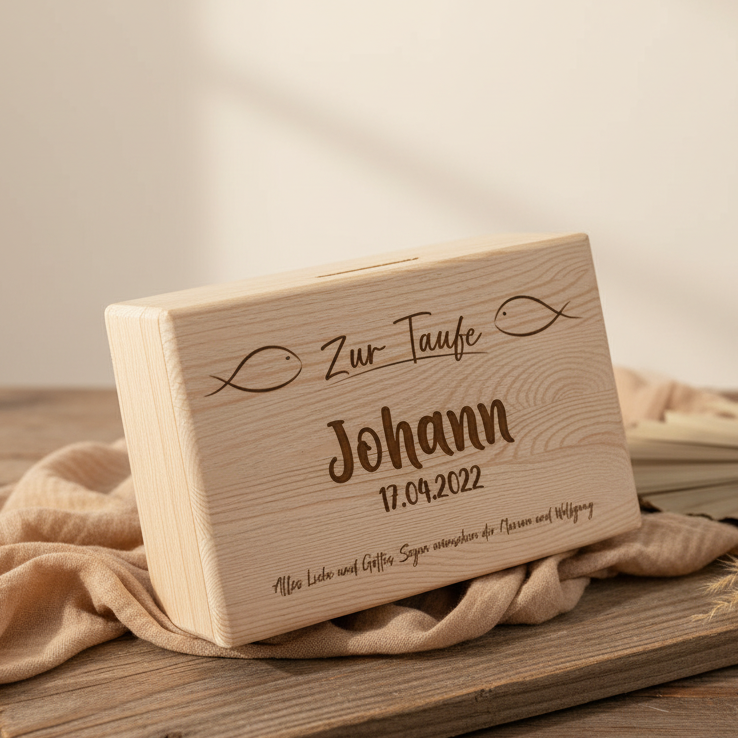Personalisierte Erinnerungsbox Naturholz – Geschenk zur Taufe | Schmatzepuffer