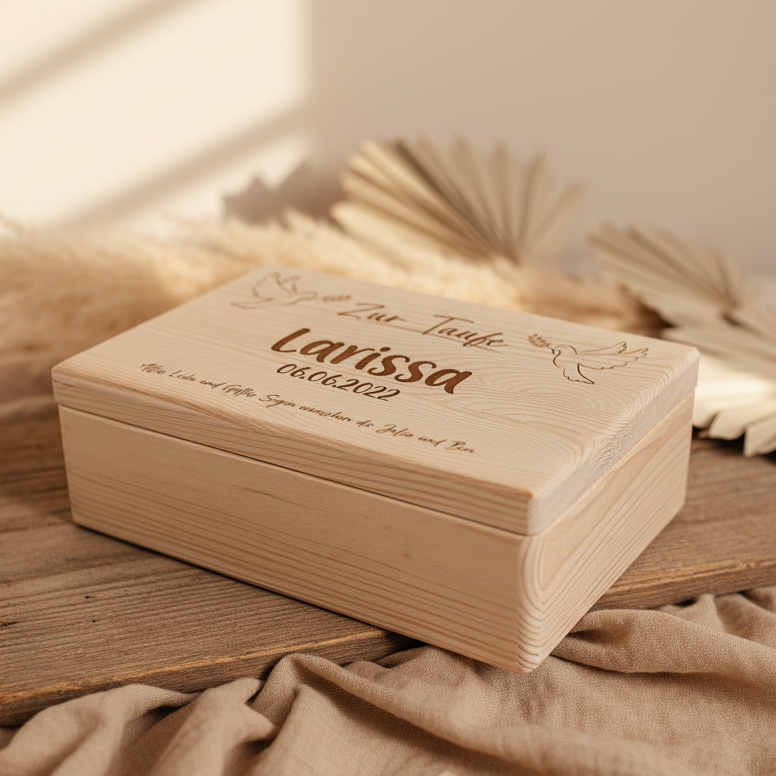 Personalisierte Erinnerungsbox Naturholz – Geschenk zur Taufe | Schmatzepuffer