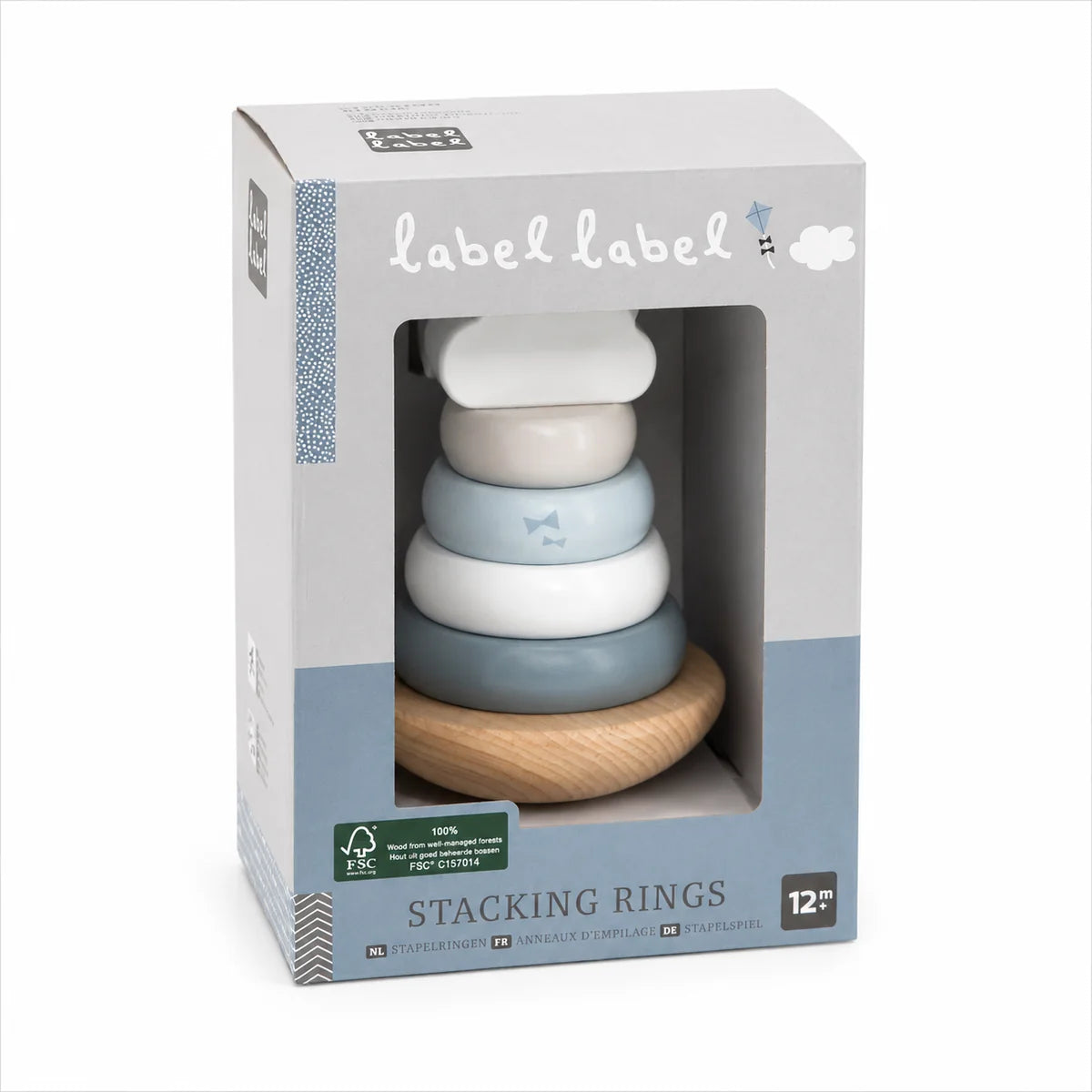 Verpackung des personalisierten Balance Stapelturms in Blau von Label Label als hochwertiges Geschenk zur Taufe