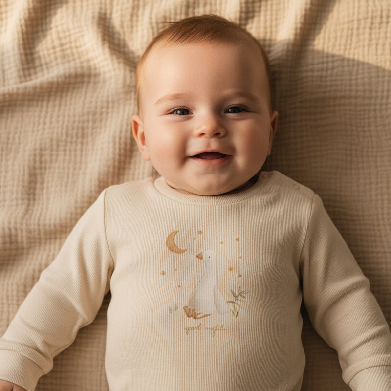 Little Dutch Baby-Pyjama Baby Goose in Sand – cremefarbenes Shirt mit Gänsemotiv und weiß-beige gestreifte Hose