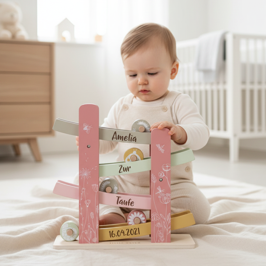 Little Dutch Holzrollbahn Wild Flowers in Rosa – personalisierbares Taufgeschenk