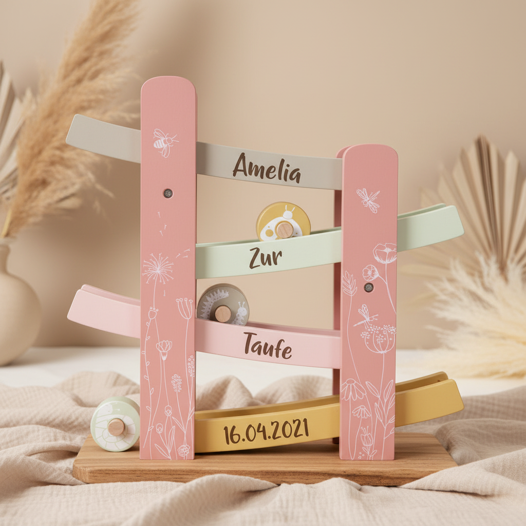 Personalisierte Holzrollbahn Wild Flowers von Little Dutch in Rosa für die Taufe