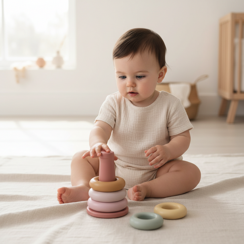 Baby spielt mit Little Dutch Stapelringen Pink ab 6 Monaten – Motorikspielzeug zum Greifen, Sortieren und Stapeln