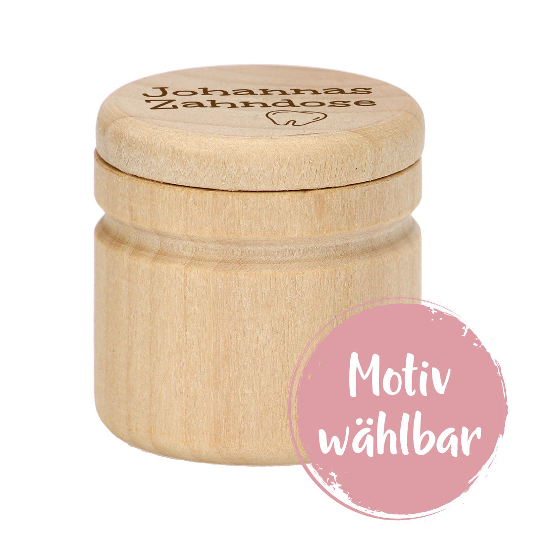 Milchzahndose aus Holz personalisiert mit Name und Zahn-Motiv – kleine Erinnerungsdose für Kinder