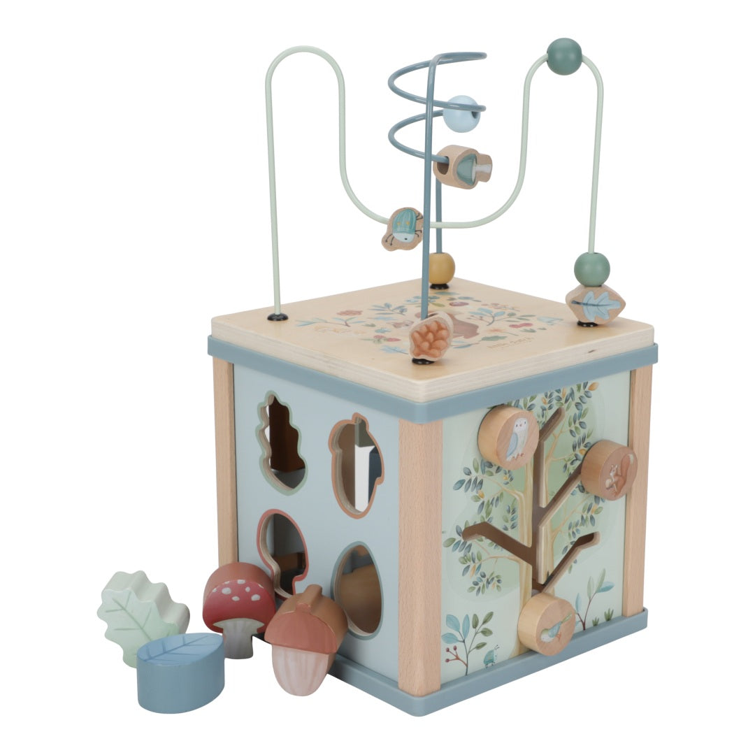 Motorikwürfel Forest Friends aus Holz von Schmatzepuffer mit Motorikschleife, Steckformen und Lernspielen – hochwertiges Motorikspielzeug zur Förderung von Feinmotorik, Konzentration und spielerischem Lernen für Kleinkinder