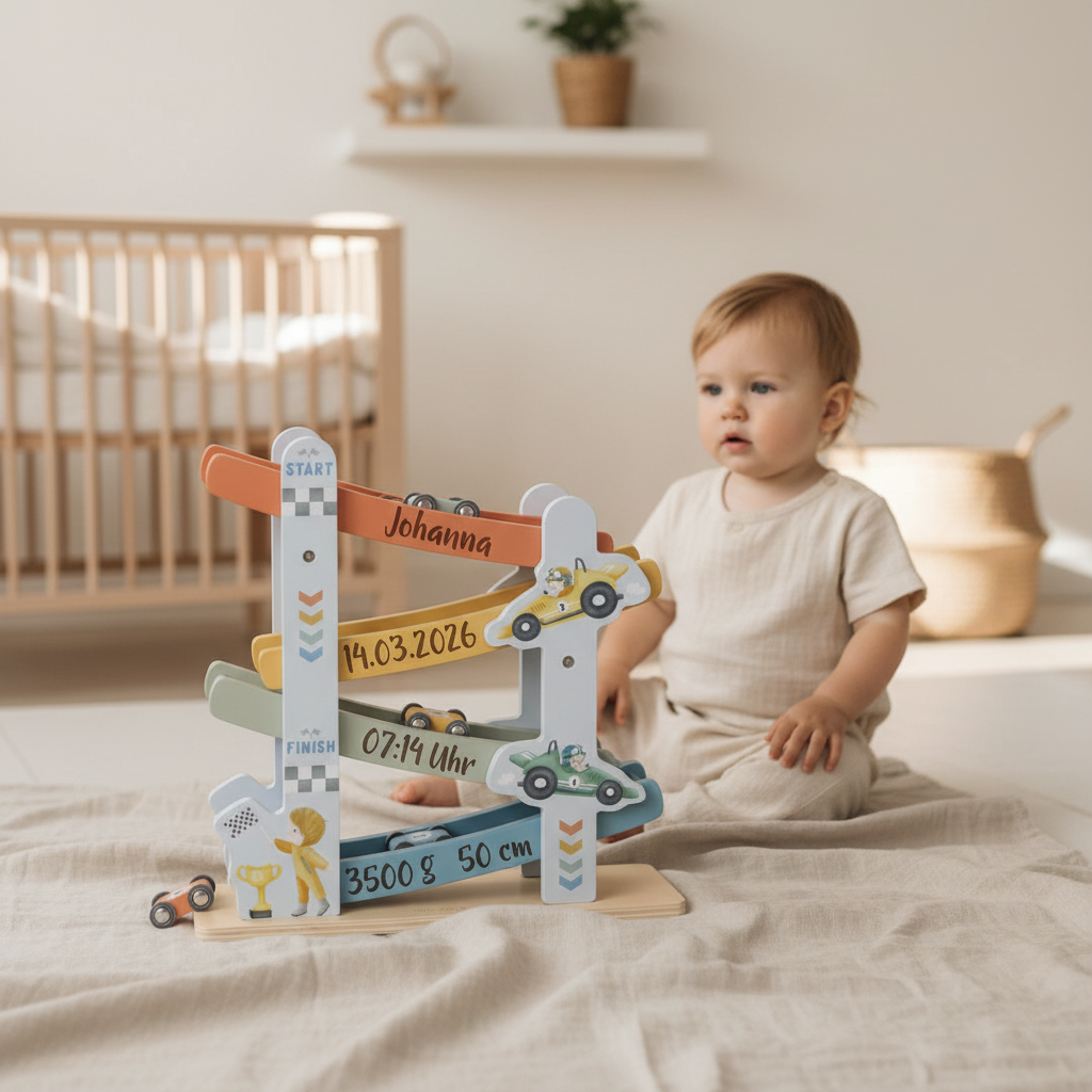 Circuit de course en bois personnalisé pour une naissance – un cadeau spécial pour les enfants