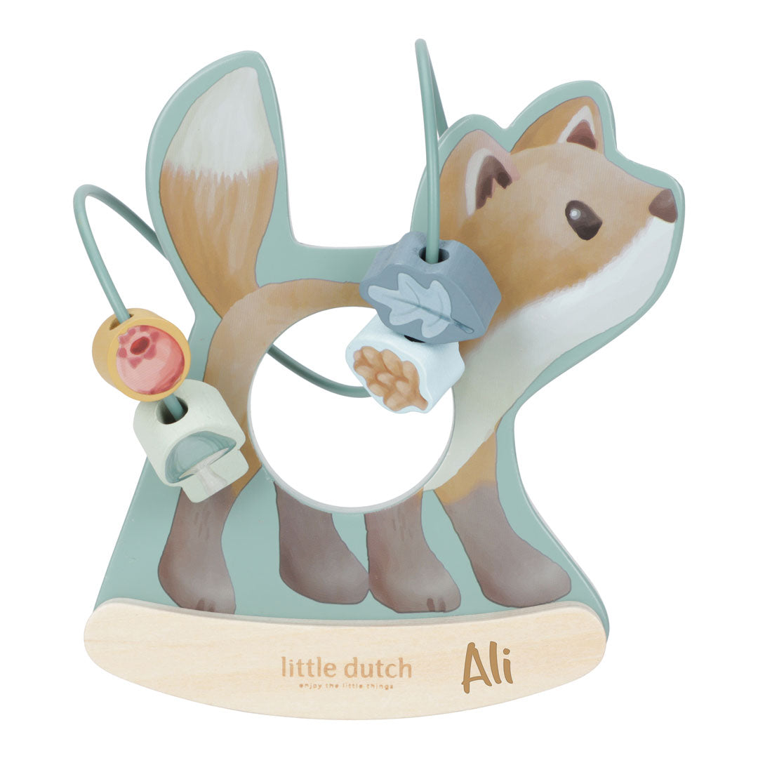 Personalisierte Motorikschleife Fuchs aus Holz mit dem Namen Ali – hochwertiges Motorikspielzeug zur Förderung der Feinmotorik als Geschenk zur Geburt, Taufe oder zum ersten Geburtstag.