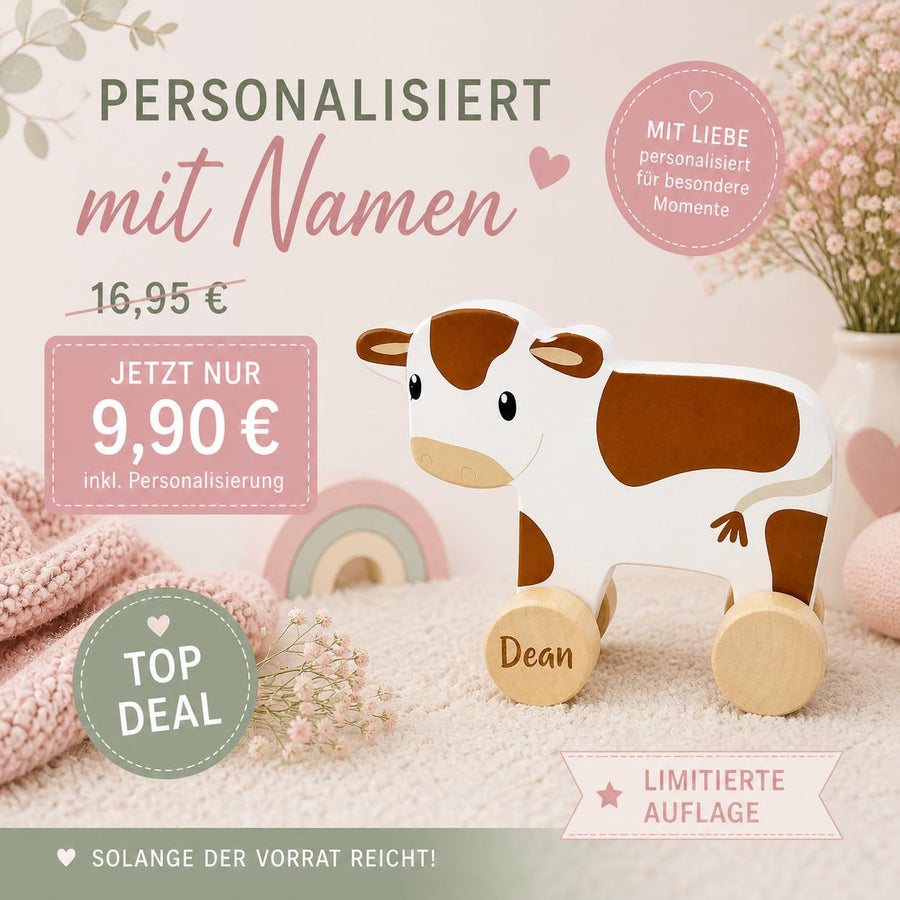 Personalisierte Holz-Kuh mit Babyname als Geschenk zur Geburt