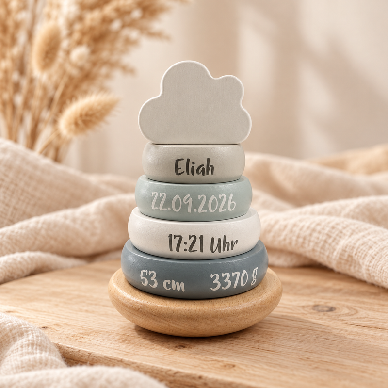 Personalisierter Balance-Stapelturm Blau mit Name Eliah und Geburtsdaten