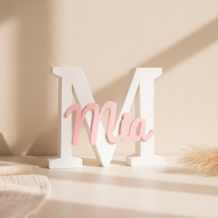 Personalisierter weißer Buchstabe M mit rosa Namen Mia als Kinderzimmer-Deko