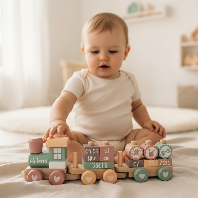 Personalisierter Holzzug Adventure Pink zur Geburt mit Name und Geburtsdaten, Variante Druck