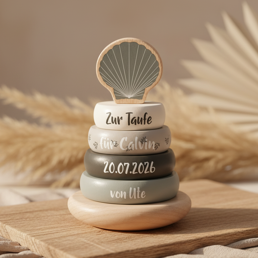 Nahaufnahme eines personalisierten Holz-Stapelturms mit Muschel, Name, Taufdatum und Widmung – besonderes Geschenk zur Taufe.
