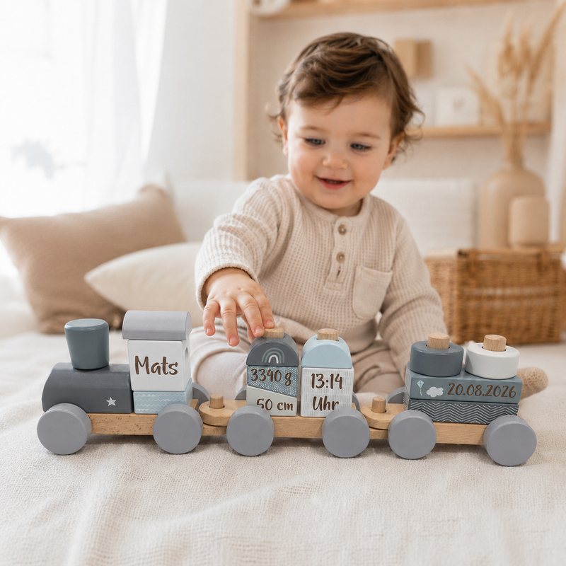 Kleinkind mit personalisiertem Holzzug in Blau mit Name und Geburtsdaten im hellen Kinderzimmer