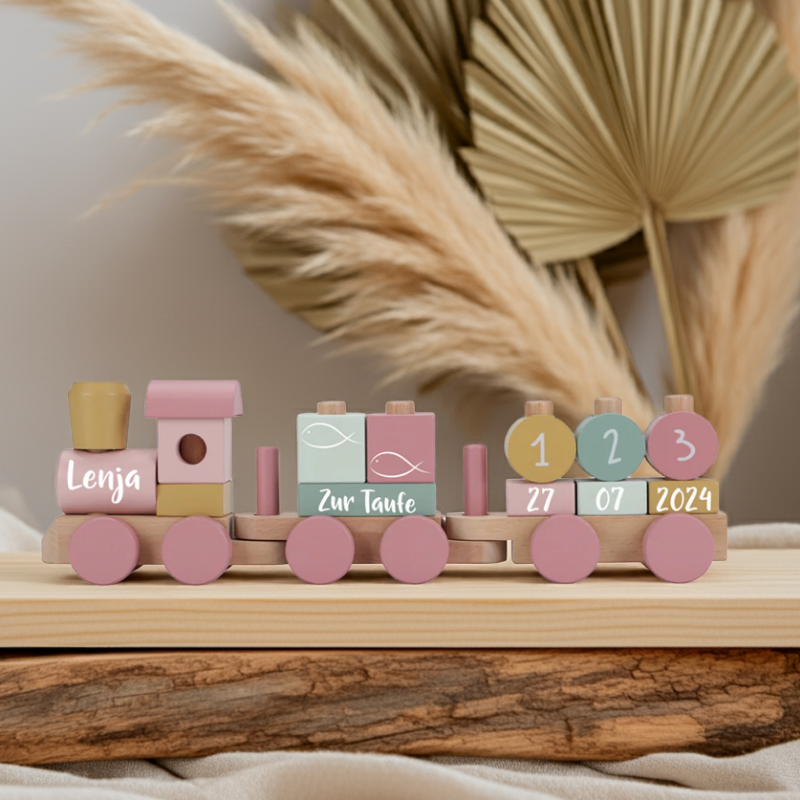 personalisierter Holzzug zur Taufe für Mädchen mit Name und Datum – liebevolles Taufgeschenk aus Holz