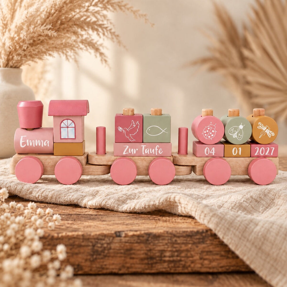 Personalisierter Holzzug zur Taufe mit Name & Taufdatum – Rosa/Pink