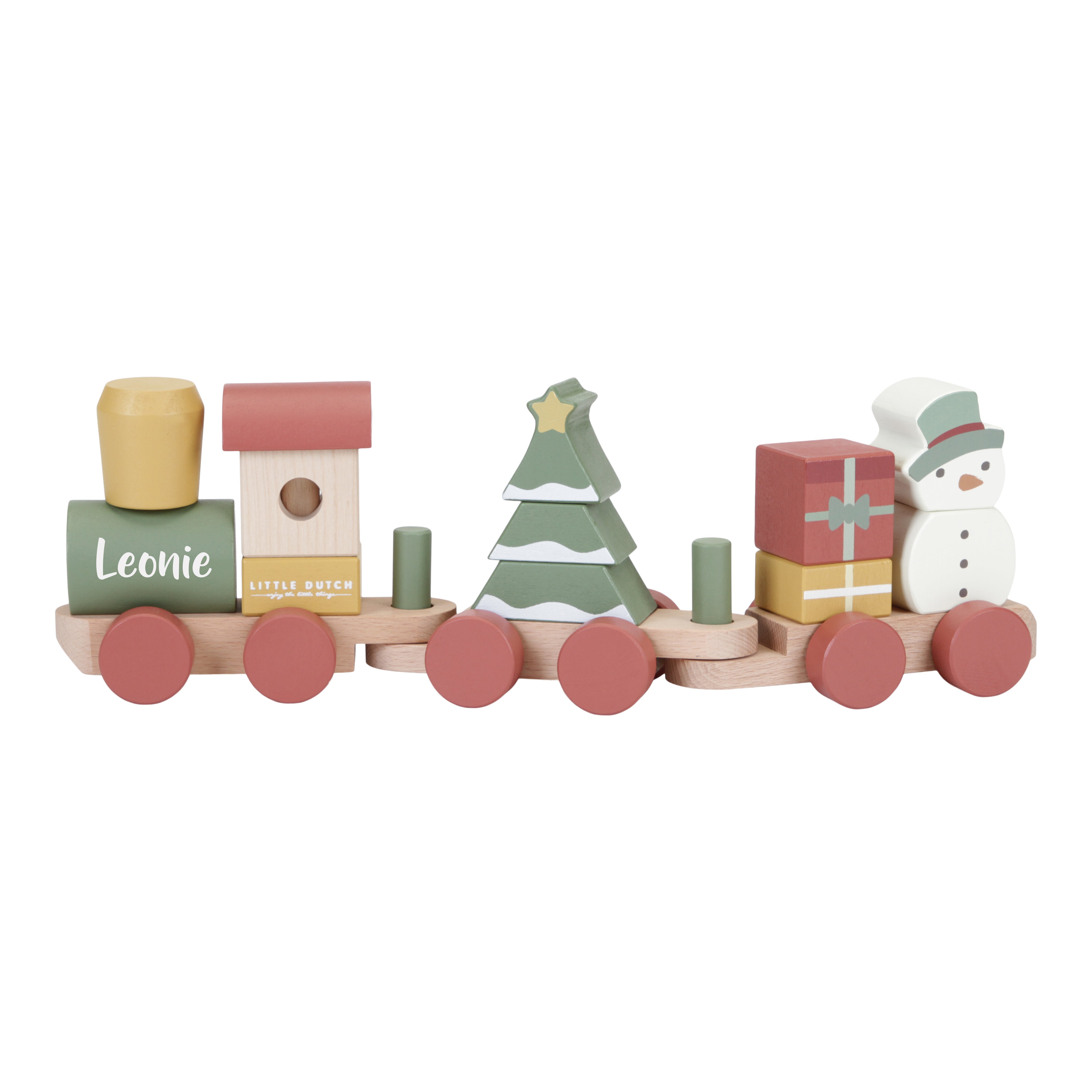 Personalisierter Little Dutch Weihnachts-Holzzug mit Name, Tannenbaum, Geschenken und Schneemann