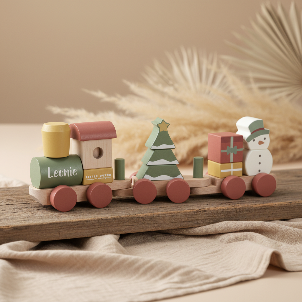 Personalisierter Little Dutch Weihnachts-Holzzug mit Name, Tannenbaum, Geschenk und Schneemann