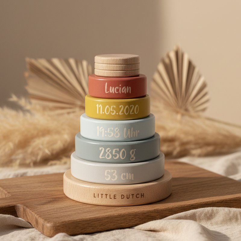 Personalisierter Holz-Stapelturm mit Name, Geburtsdatum, Uhrzeit, Gewicht und Größe als Geschenk zur Geburt