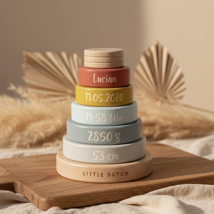 Personalisierter Holz-Stapelturm mit Name, Geburtsdatum, Uhrzeit, Gewicht und Größe als Geschenk zur Geburt