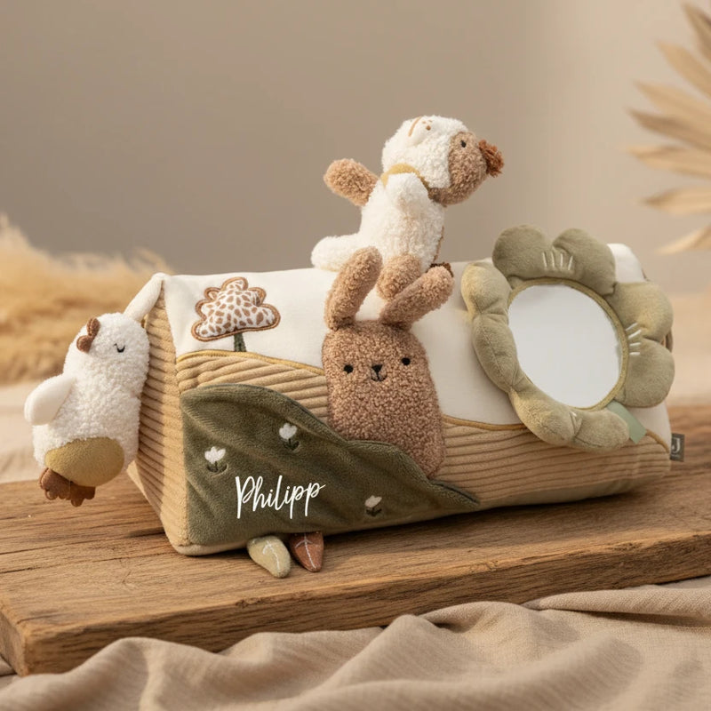 Personalisiertes Aktivitaeten Dreieck fuer Babys mit verschiedenen Spielelementen zur Foerderung von Motorik und Sinneswahrnehmung
