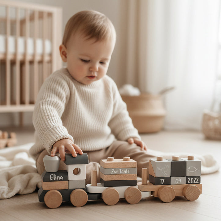 Personalisierter Holzzug zur Taufe mit Name und Taufdatum als besonderes Taufgeschenk aus Holz