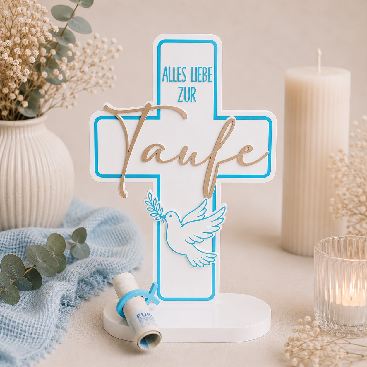 Personalisiertes Taufkreuz in Blau mit Namen und Tauben Motiv als Geldgeschenk zur Taufe