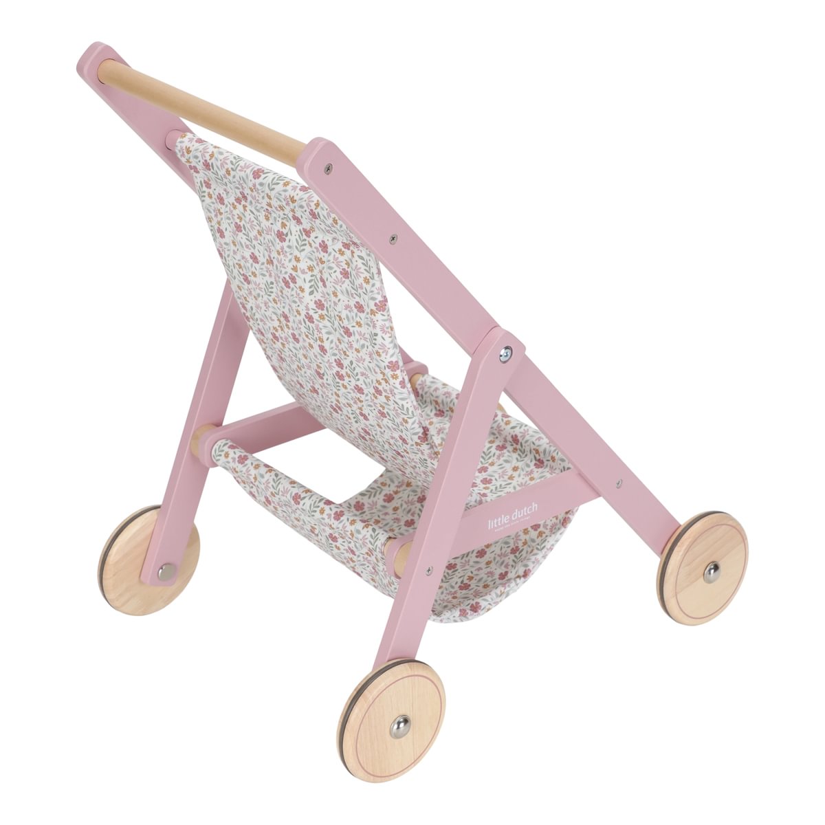 Holz Puppenbuggy in Rosa aus Seitenansicht. Hochwertiger Puppenwagen für Kinder als Geschenkidee zum Geburtstag, für Rollenspiele und fantasievolle Abenteuer im Kinderzimmer.