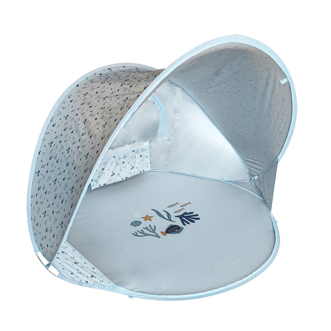 Blaue Strandmuschel für Babys und Kinder als Pop Up Strandzelt mit UV Schutz – leichter Sonnenschutz für Strand, Garten und Urlaub