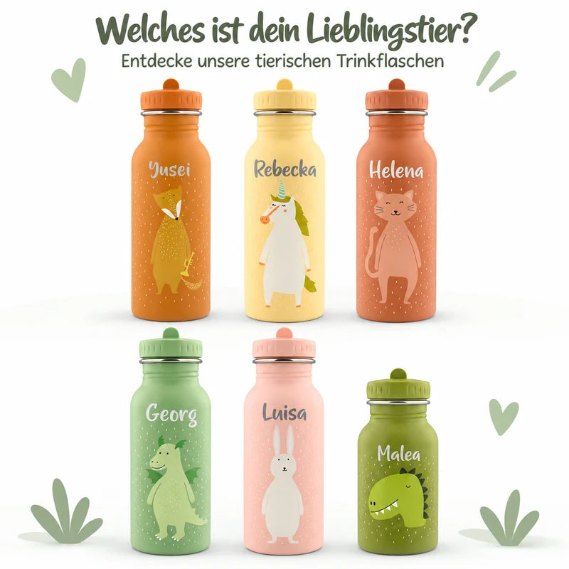 Sechs personalisierte Trixie-Trinkflaschen mit Fuchs-, Einhorn-, Katzen-, Drachen-, Hasen- und Dinomotiv in zwei Reihen, die Dinoflasche ist kleiner dargestellt, darüber „Welches ist dein Lieblingstier?“